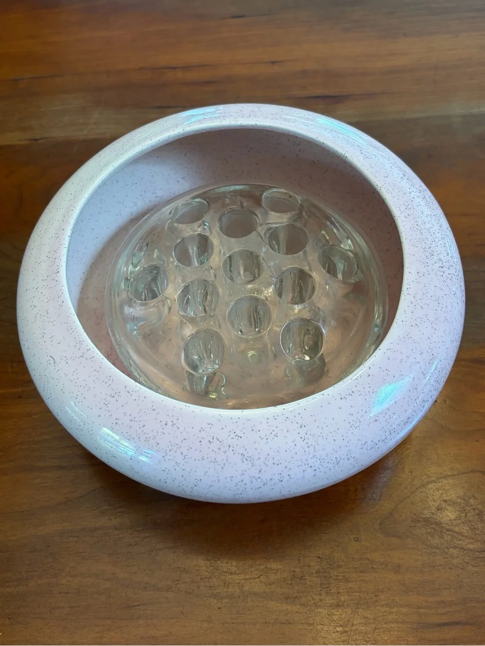 Vintage MCM Bauer Speckled Pink Flower Bowl including Glass Flower Frog